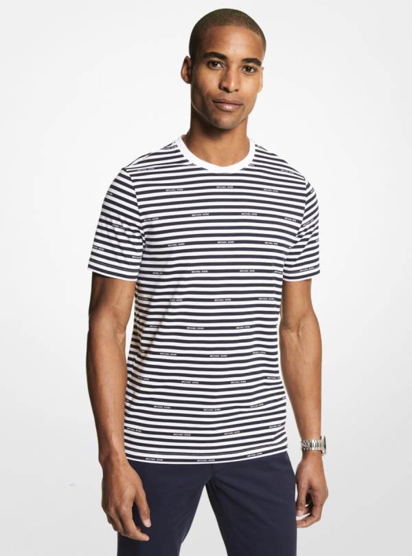 Panske Tricko Michael Kors Logo Striped Cotton Jersey Indigo - Oblecenie Michael Kors Outlet | JZCSK-4260